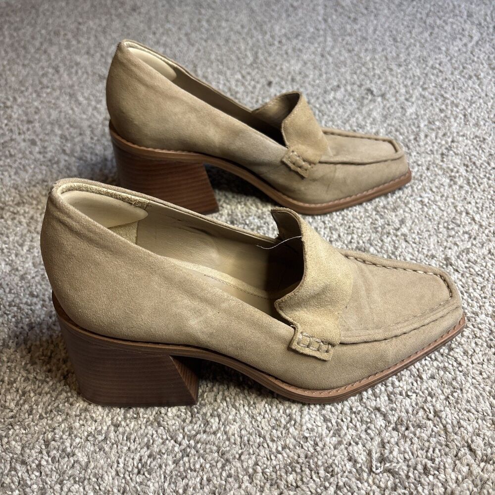 Vince Camuto 5M Segellis Pointed Toe Block Heeled Loafers Tortilla Suede Leather - Picture 5 of 8